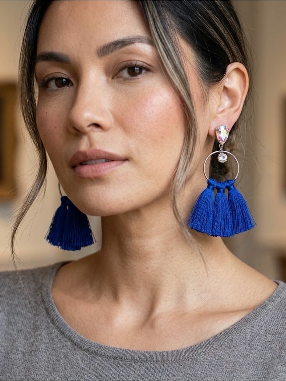 🦄 Blue Tassel and Rhinestone Earrings
